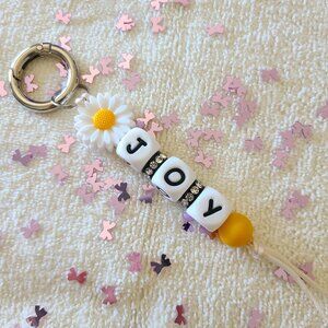 Keychain - JOY - Yellow & White Silicone Beads